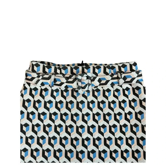 Fate Belted Mini Skirt Geometric Pattern Blue Black Pink Size Large Quilted - Picture 2 of 8